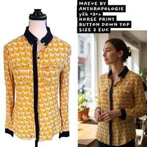 MAEVE BY ANTHROPOLOGIE Y2K RARE HORSE GRAPHIC PRINT BUTTON DOWN BLOUSE SZ 2 EUC